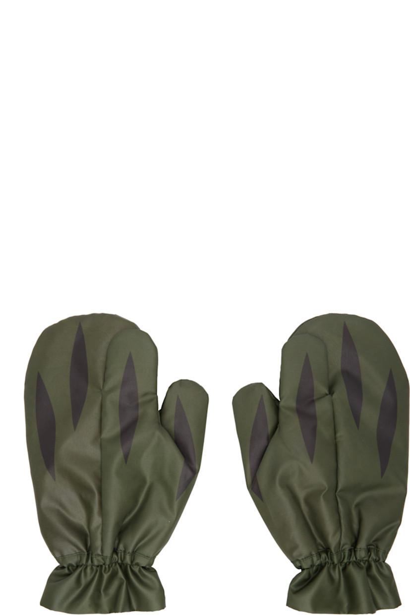 Pair of insulated nylon taffeta mittens in khaki.

· Graphic printed at top
· Integrated pocket for index finger
· Elasticized cuffs 
· Quilted lining

Supplier color: Green