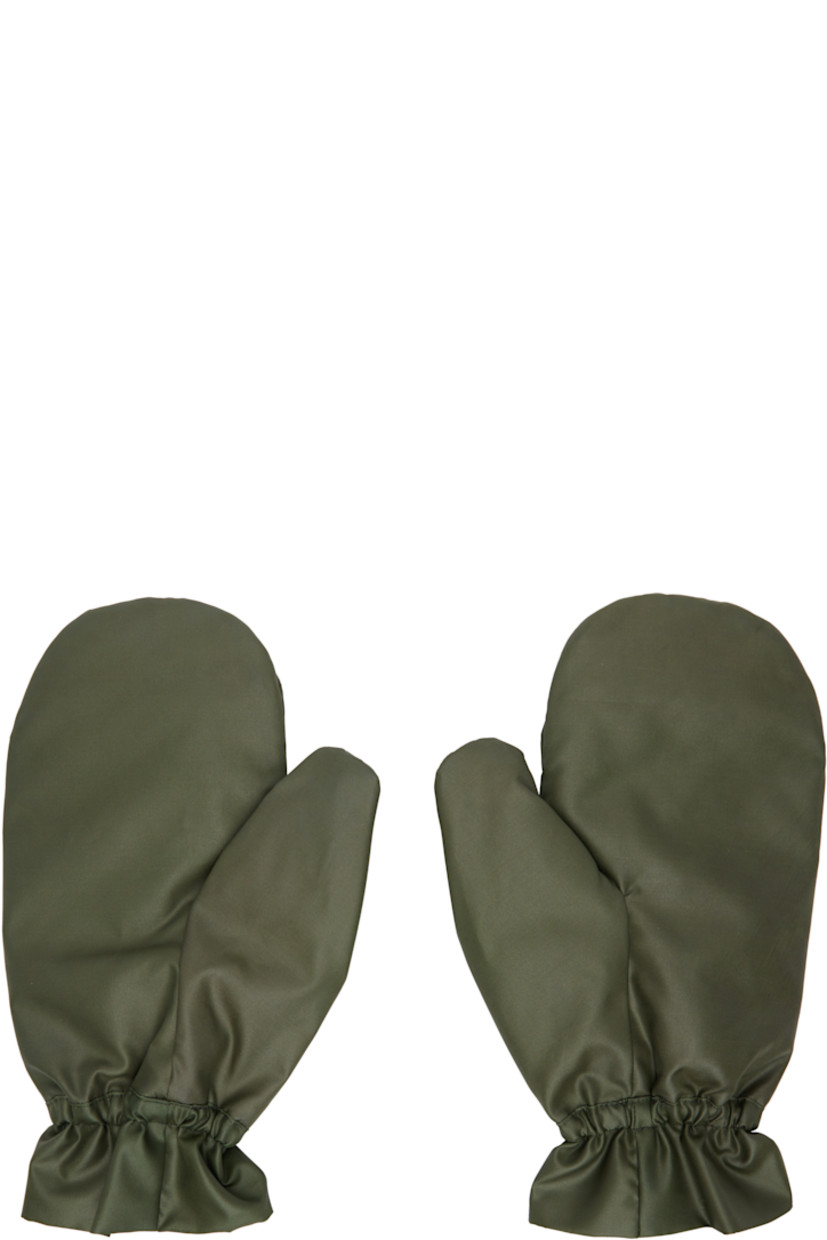 Pair of insulated nylon taffeta mittens in khaki.

· Graphic printed at top
· Integrated pocket for index finger
· Elasticized cuffs 
· Quilted lining

Supplier color: Green