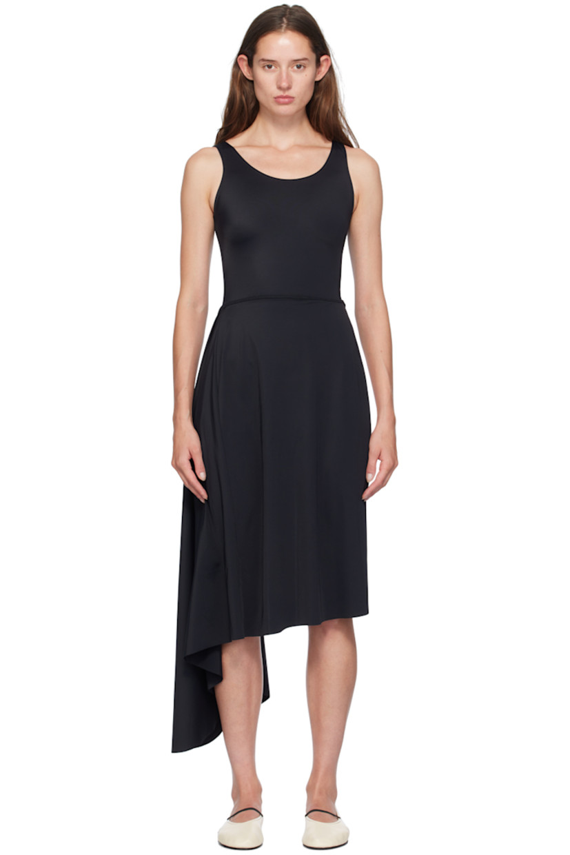 Stretch polyester jersey dress. 

· Asymmetric half-skirt construction
· Scoop neck 
· Fixed shoulder straps 
· Low-back 
· Bodysuit-style lining

Supplier color: Black