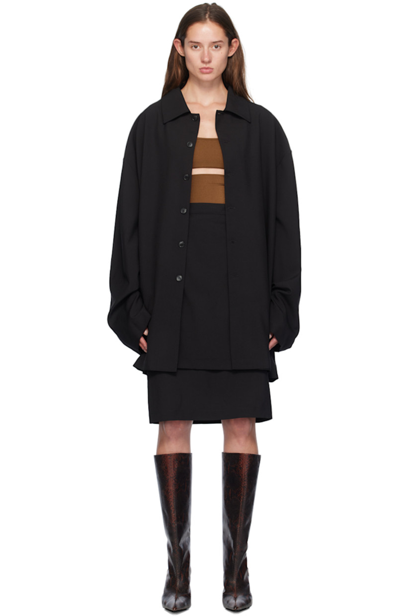 Plain-woven stretch virgin wool twin-set-style dress. 

· Layered and integrated construction 
· Spread collar
· Button placket at front
· Dropped shoulders
· Darts and concealed zip closure at back
· Central vent at back hem
· Unlined

Supplier color: Black