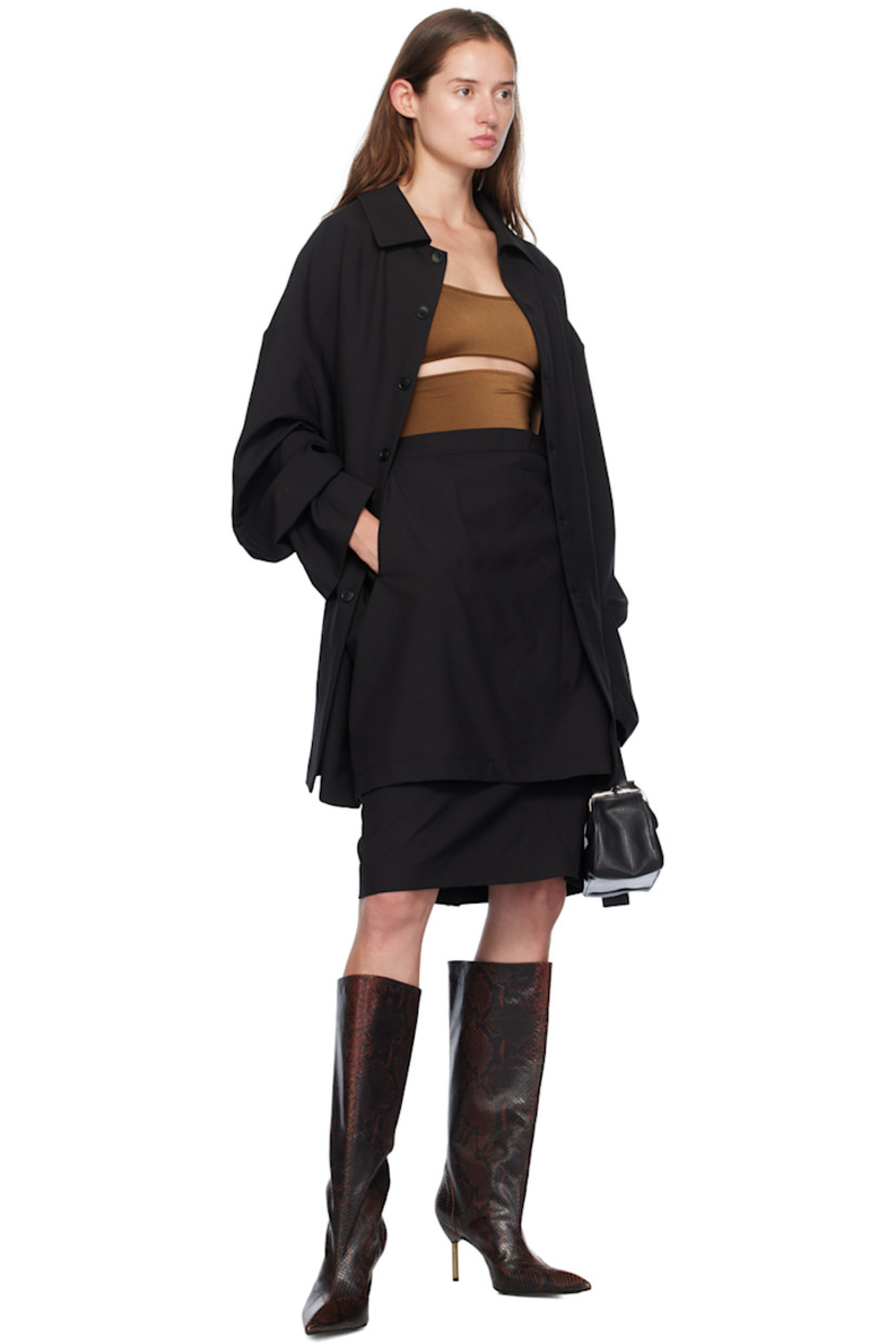 Plain-woven stretch virgin wool twin-set-style dress. 

· Layered and integrated construction 
· Spread collar
· Button placket at front
· Dropped shoulders
· Darts and concealed zip closure at back
· Central vent at back hem
· Unlined

Supplier color: Black