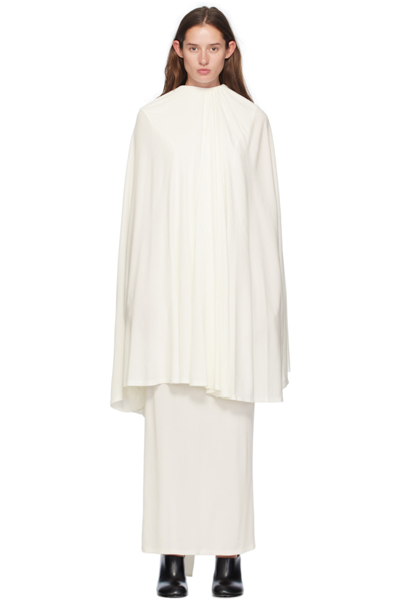 Viscose jersey dress. Cape-style overlay at shoulders.

· Self-tie fastening at round neck
· Hook-eye fastening at back collar
· Fully lined 

Supplier color: Off-White