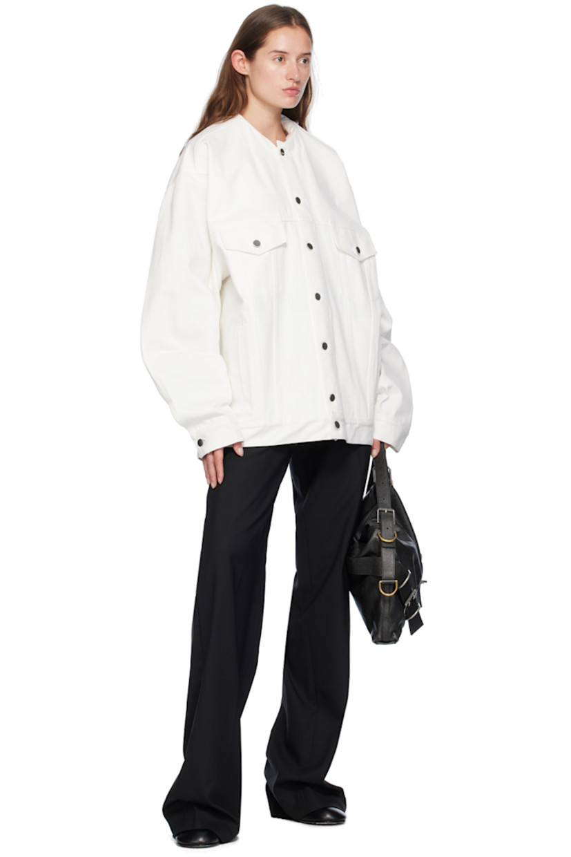 Non-stretch denim jacket. 

· Round neck with fixed rolled collar
· Button closure
· Flap and welt pockets
· Dropped shoulders
· Single-button barrel cuffs
· Adjustable button-tabs at back hem
· Silver-tone hardware

Supplier color: White