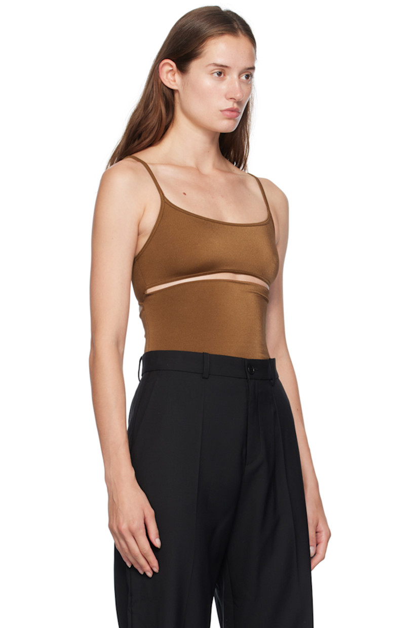 Stretch nylon jersey bodysuit.  

· Scoop neck
· Cut outs at chest, waist, and back
· Elasticized spaghetti straps
· Partially lined

Supplier color: Brown
