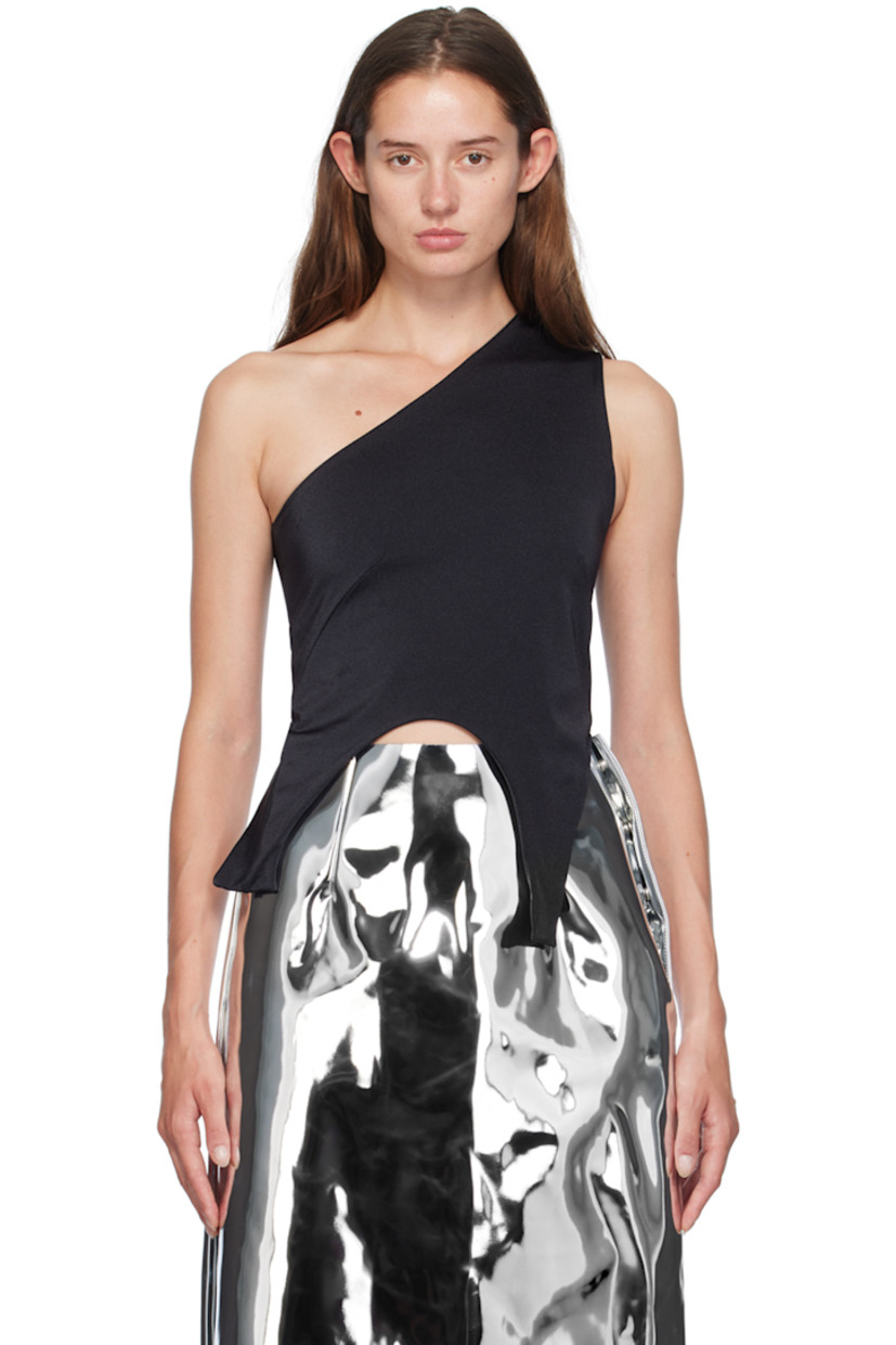 Stretch nylon jersey tank top. 
 
· Darts at chest
· Single-shoulder
· Asymmetrical hem
· Fully lined

Supplier color: Black