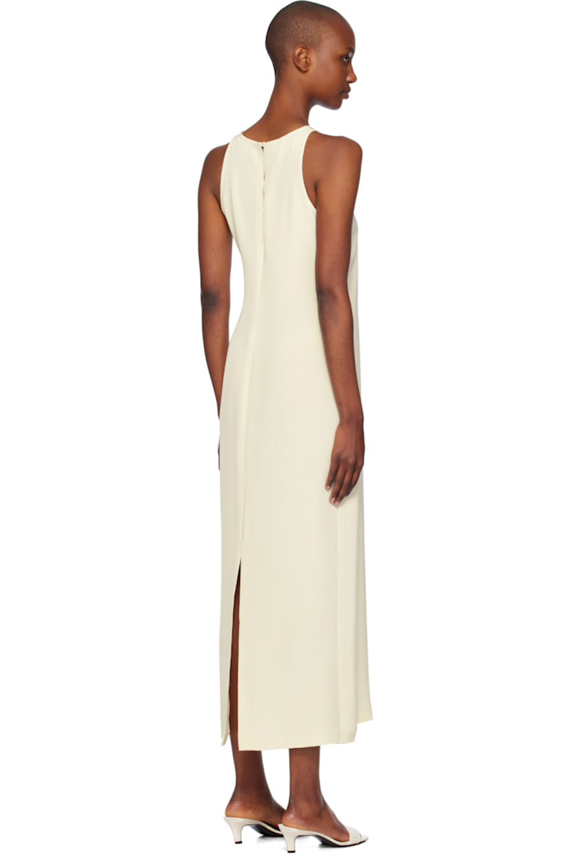 Silk crepe de chine midi dress. 

· Round neck
· Button fastening at back collar
· Concealed zip closure at back 
· Central vent at back hem
· Unlined

Supplier color: Off white