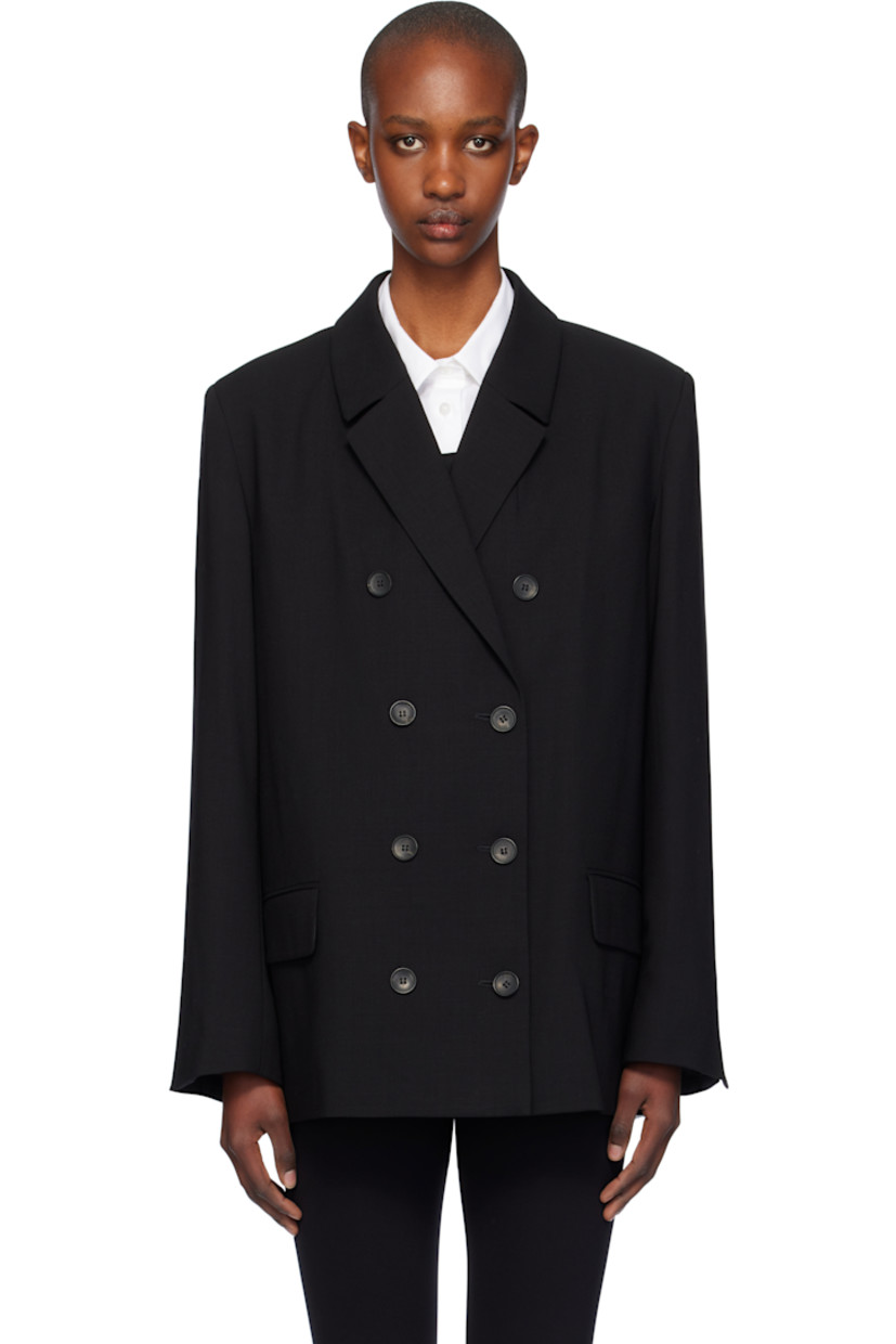 Mulesing-free virgin wool twill blazer. 

· Notched lapel
· Double-breasted button closure
· Flap pockets
· Padded shoulders
· Three-button surgeon's cuffs
· Twin vents at back hem
· Welt pocket at interior
· Full silk satin lining
· Horn hardware

Supplier color: Black