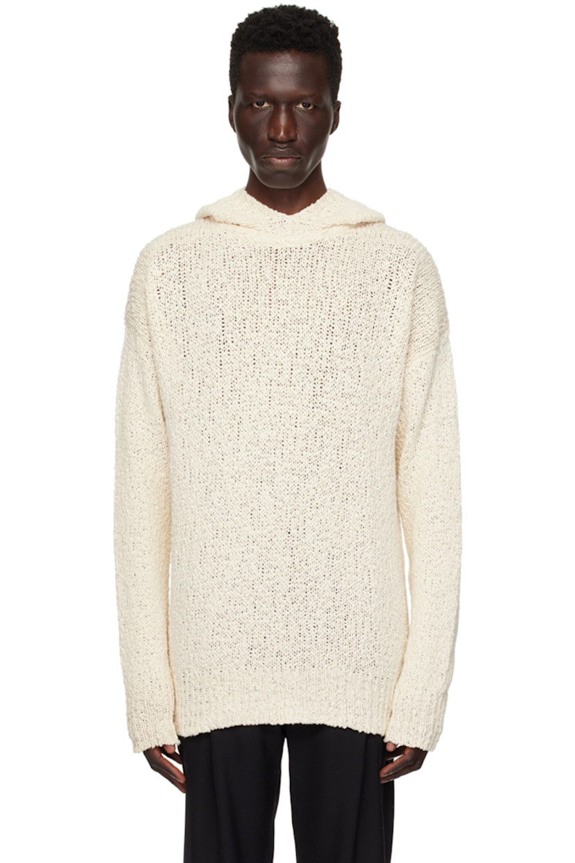 Open knit cotton hoodie.

· Rib knit trim at hood, hem, and cuffs
· Dropped shoulders

Supplier color: Ecru