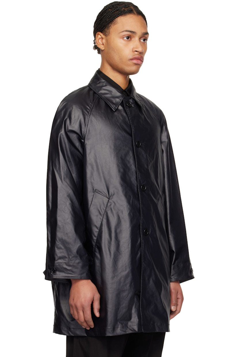 Coated polyester satin coat.

· Spread collar
· Button closure
· Welt pockets
· Raglan sleeves
· Welt pocket at interior
· Adjustable button tab at cuffs
· Unlined

Supplier color: Black