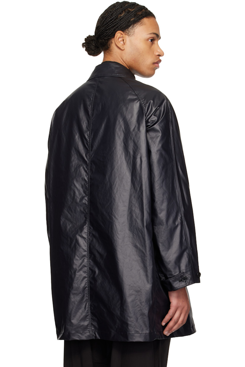Coated polyester satin coat.

· Spread collar
· Button closure
· Welt pockets
· Raglan sleeves
· Welt pocket at interior
· Adjustable button tab at cuffs
· Unlined

Supplier color: Black