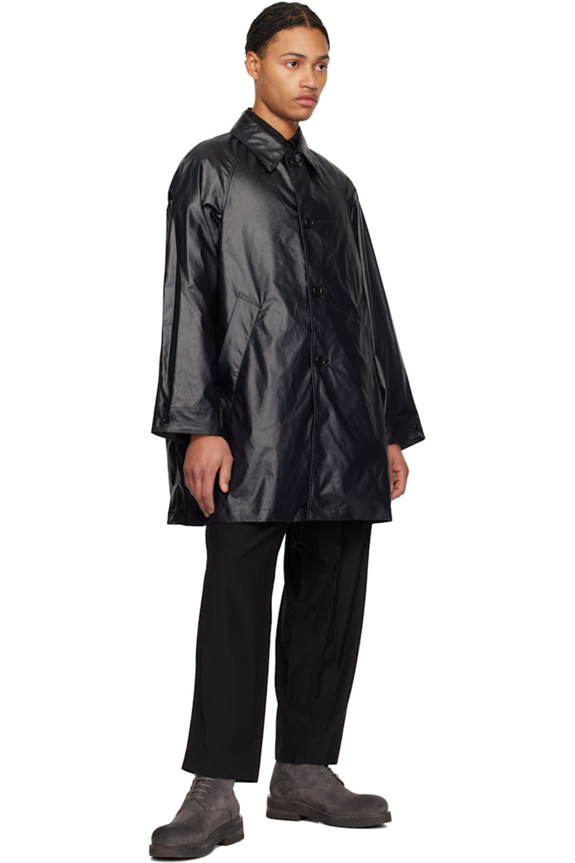 Coated polyester satin coat.

· Spread collar
· Button closure
· Welt pockets
· Raglan sleeves
· Welt pocket at interior
· Adjustable button tab at cuffs
· Unlined

Supplier color: Black