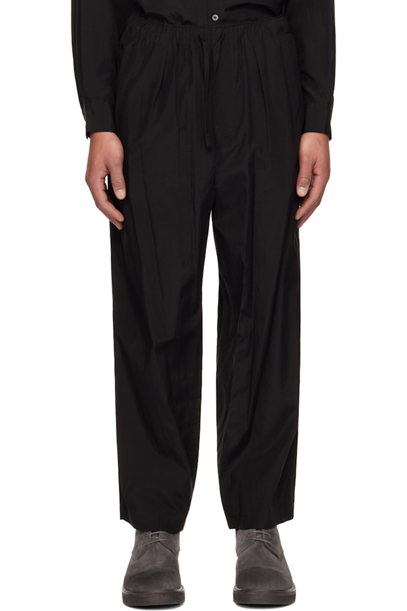Plain-woven rayon and cotton-blend trousers.

· Drawstring at elasticized waistband
· Three-pocket styling
· Zip-fly
· Pleats at front waistband

Supplier color: Black