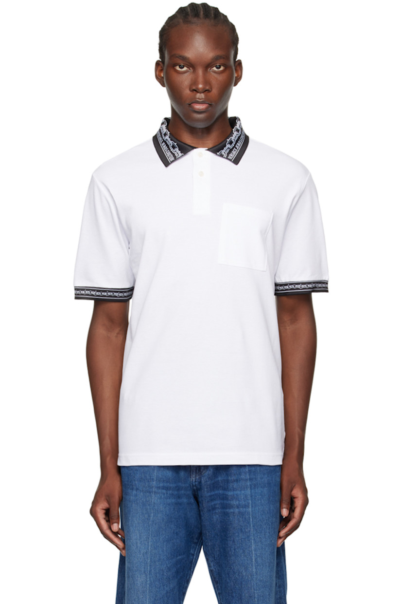 Cotton piqué polo. Logo and graphic pattern printed at rib knit spread collar and cuffs.

· Two-button placket
· Patch pocket
· Tennis-tail hem

Supplier color: White