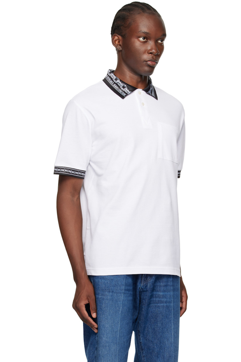 Cotton piqué polo. Logo and graphic pattern printed at rib knit spread collar and cuffs.

· Two-button placket
· Patch pocket
· Tennis-tail hem

Supplier color: White