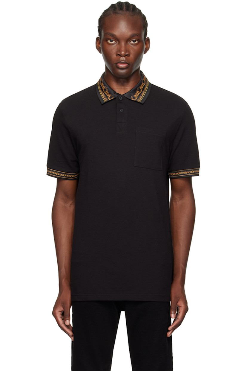 Cotton piqué polo. Graphic pattern and logo printed at rib knit spread collar and cuffs.

· Two-button placket
· Patch pocket
· Tennis-tail hem

Supplier color: Black/Gold
