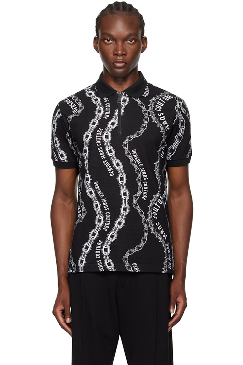 Slim-fit cotton piqué polo. Graphic pattern and logo printed throughout.

· Rib knit spread collar and cuffs
· Half-zip closure
· Tennis-tail hem

Supplier color: Black