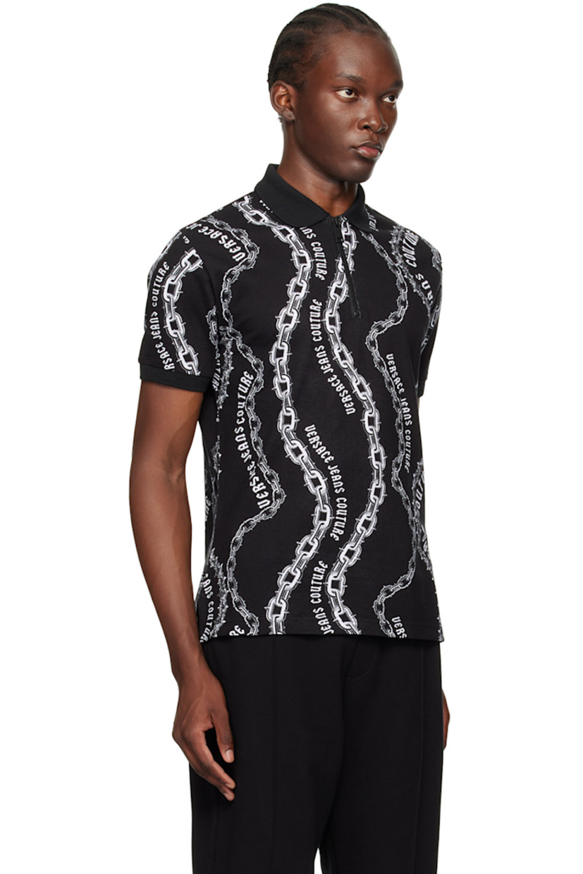 Slim-fit cotton piqué polo. Graphic pattern and logo printed throughout.

· Rib knit spread collar and cuffs
· Half-zip closure
· Tennis-tail hem

Supplier color: Black
