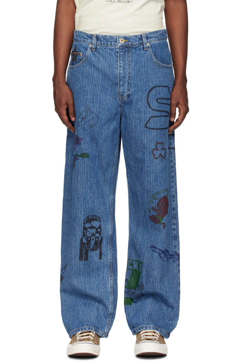 Non-stretch denim jeans. Jacquard stripe pattern and hand-drawn graphics throughout. 

· Belt loops
· Five-pocket styling 
· Zip fly 
· Leather logo patch at back waistband
· Contrast stitching in tan 

Each item is unique. Please note graphics may vary.

Available exclusively at SSENSE. 

Supplier color: Washed indigo
