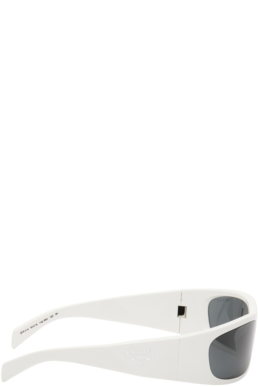 Rectangular wraparound acetate-frame sunglasses in white. 

· Gray lenses with 100% UVA/UVB protection
· Logo etched at lens
· Integrated nose pads
· Logo engraved at temples
· Includes saffiano leather case
· Size: 60.18 120

Supplier color: Talc/Dark grey