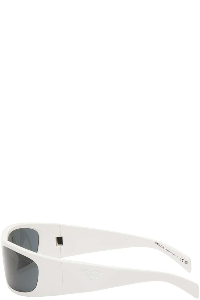 Rectangular wraparound acetate-frame sunglasses in white. 

· Gray lenses with 100% UVA/UVB protection
· Logo etched at lens
· Integrated nose pads
· Logo engraved at temples
· Includes saffiano leather case
· Size: 60.18 120

Supplier color: Talc/Dark grey