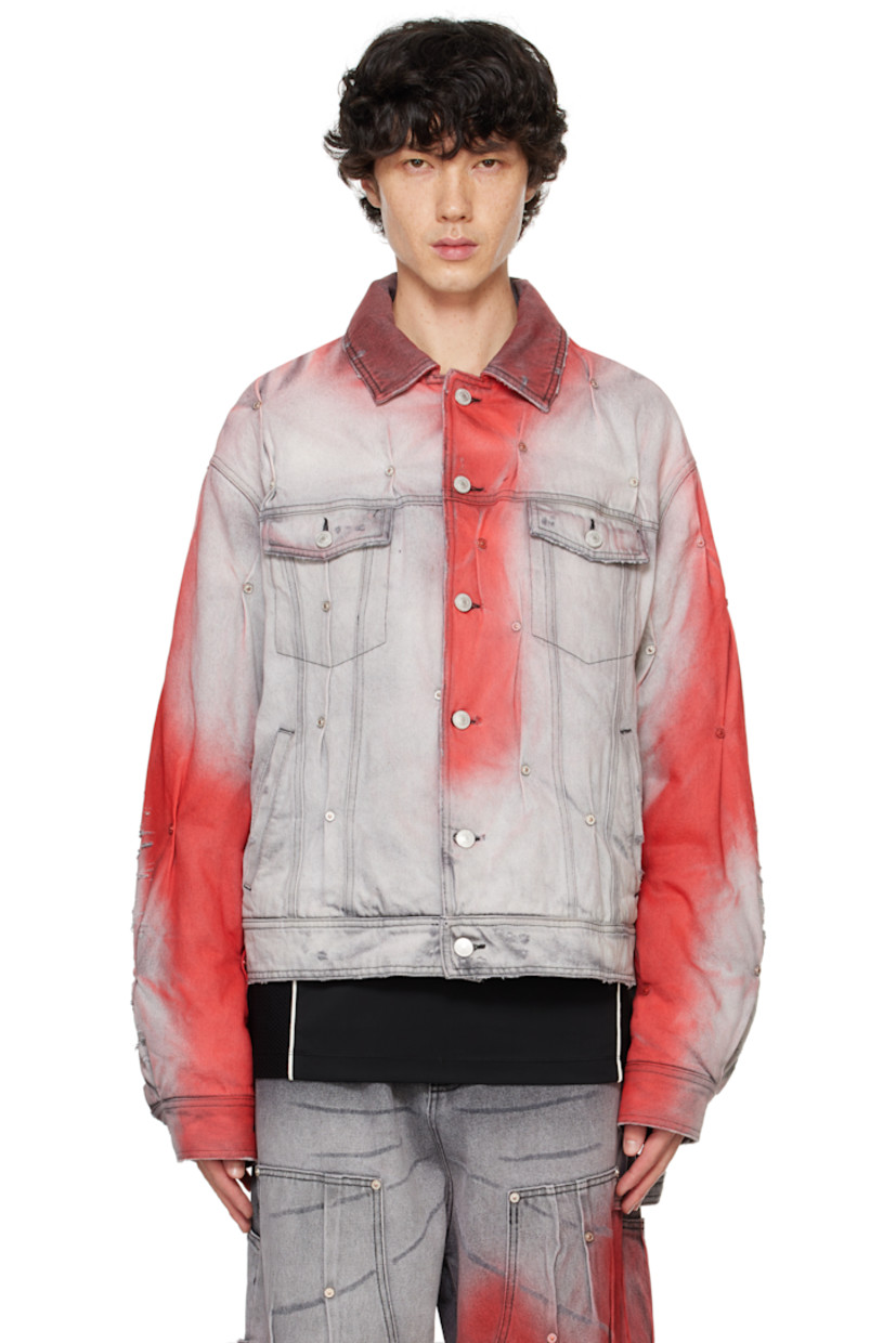 Padded non-stretch denim jacket. Fading and distressing throughout.

· Rivets and pleats throughout
· Spread collar
· Button closure 
· Flap and welt pockets 
· Adjustable single-button barrel cuffs
· Adjustable button tabs at back hem
· Logo patch at back hem 
· Partial satin lining
· Welt pocket at interior
· Logo-engraved silver-tone hardware

Supplier color: Grey printed red