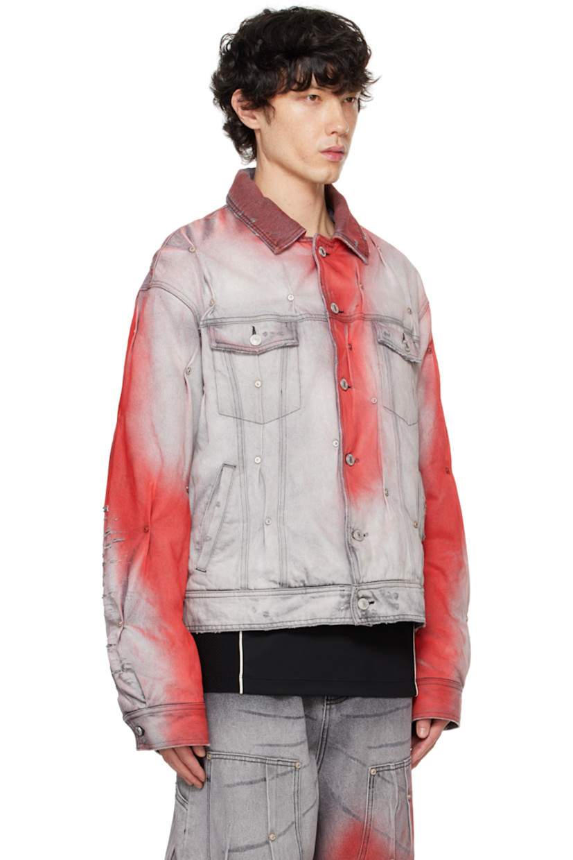 Padded non-stretch denim jacket. Fading and distressing throughout.

· Rivets and pleats throughout
· Spread collar
· Button closure 
· Flap and welt pockets 
· Adjustable single-button barrel cuffs
· Adjustable button tabs at back hem
· Logo patch at back hem 
· Partial satin lining
· Welt pocket at interior
· Logo-engraved silver-tone hardware

Supplier color: Grey printed red