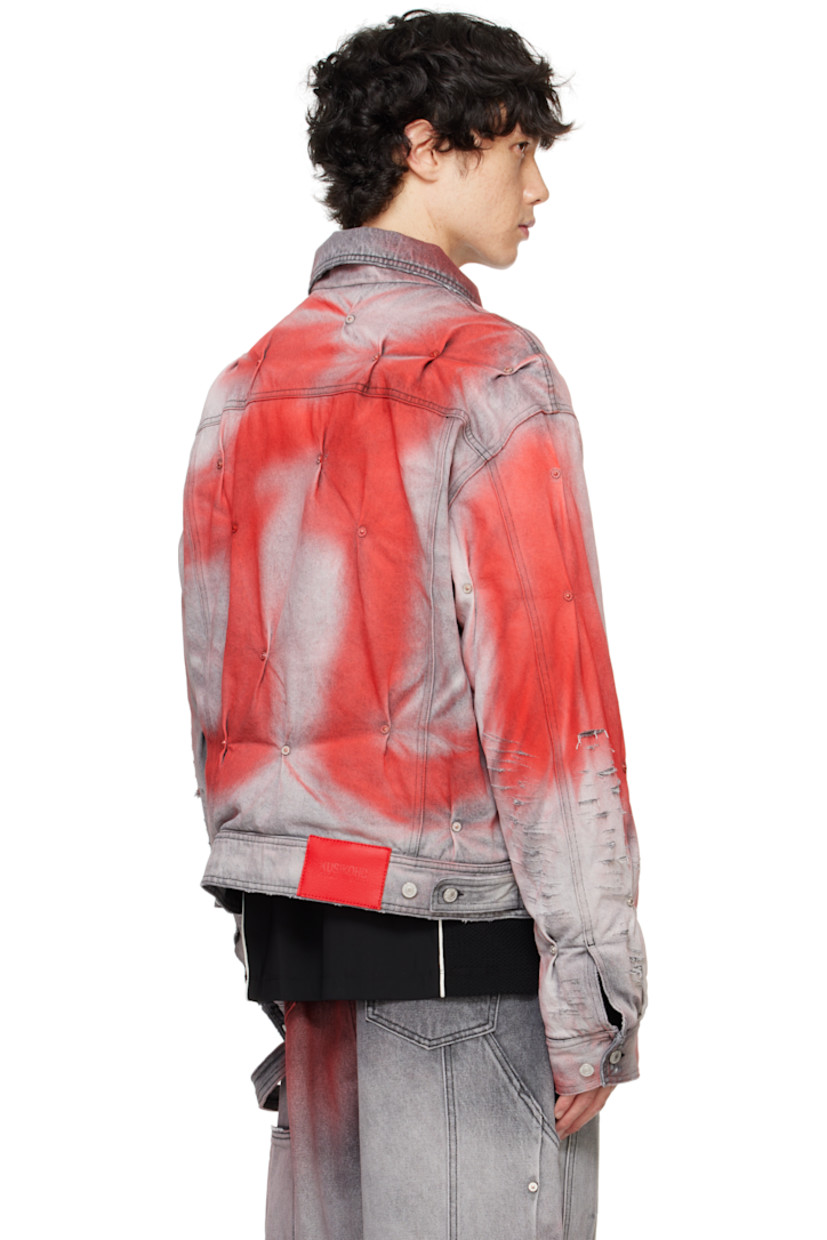 Padded non-stretch denim jacket. Fading and distressing throughout.

· Rivets and pleats throughout
· Spread collar
· Button closure 
· Flap and welt pockets 
· Adjustable single-button barrel cuffs
· Adjustable button tabs at back hem
· Logo patch at back hem 
· Partial satin lining
· Welt pocket at interior
· Logo-engraved silver-tone hardware

Supplier color: Grey printed red