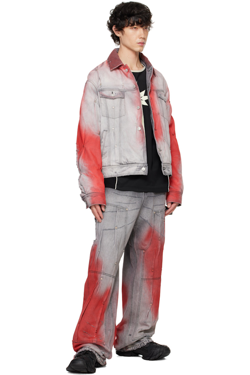 Padded non-stretch denim jacket. Fading and distressing throughout.

· Rivets and pleats throughout
· Spread collar
· Button closure 
· Flap and welt pockets 
· Adjustable single-button barrel cuffs
· Adjustable button tabs at back hem
· Logo patch at back hem 
· Partial satin lining
· Welt pocket at interior
· Logo-engraved silver-tone hardware

Supplier color: Grey printed red