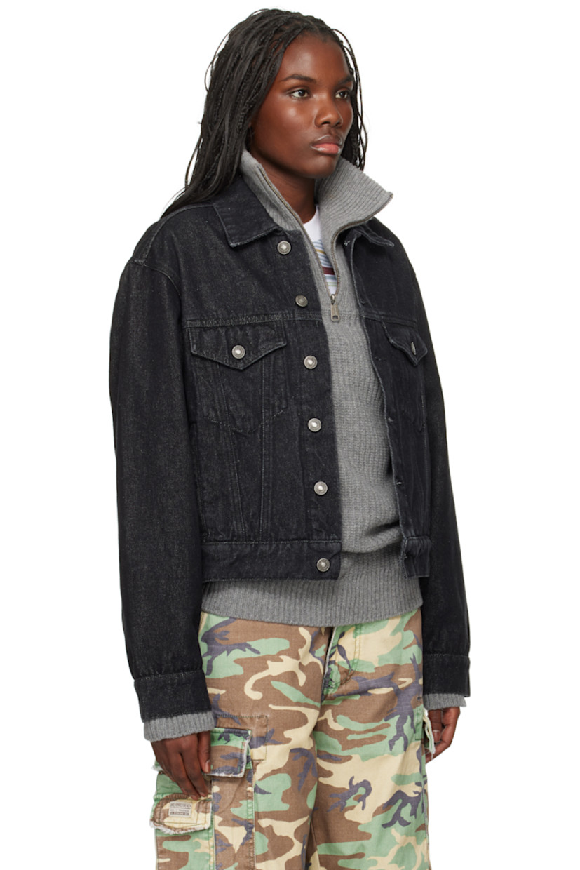 Deadstock non-stretch denim jacket.

· Spread collar
· Button closure
· Flap and welt pockets
· Cropped hem
· Single-button barrel cuffs
· Adjustable button tabs at back hem
· Logo patch at back hem
· Silver-tone hardware

Supplier color: Black