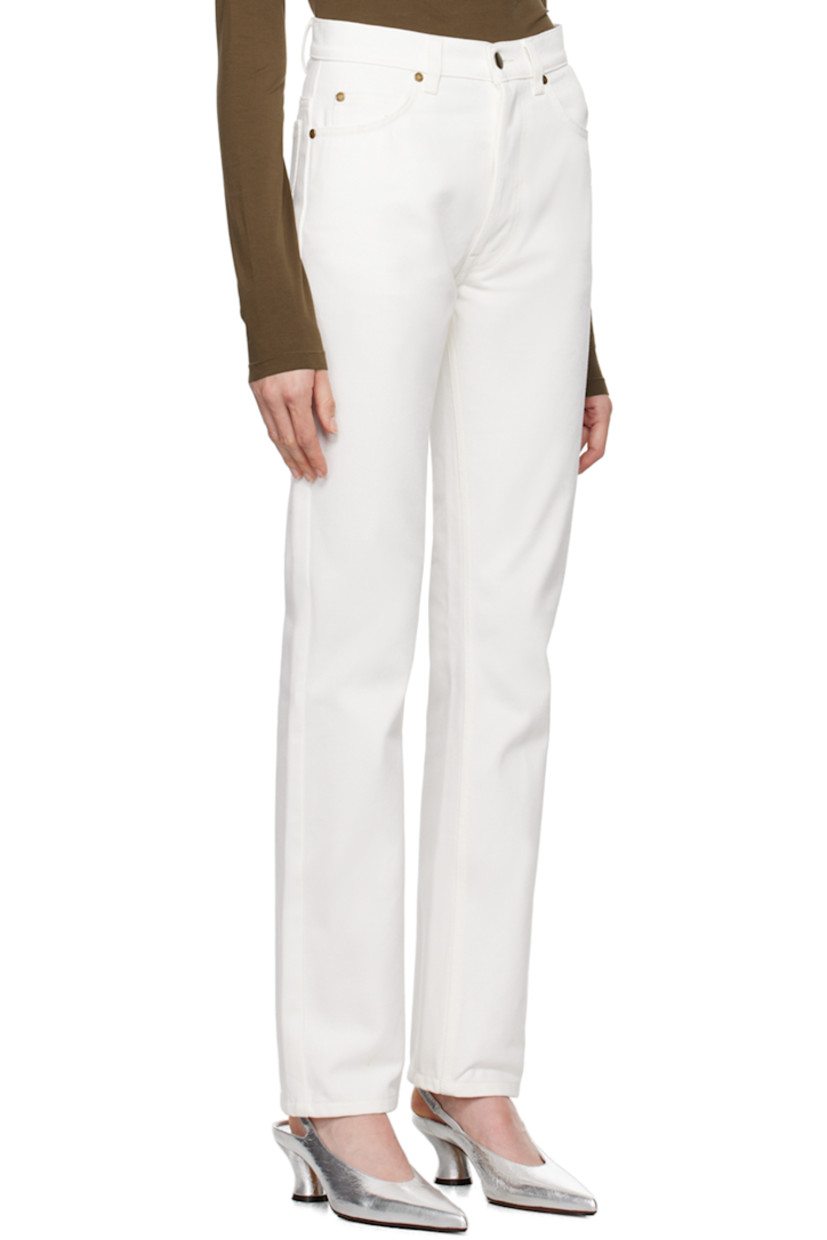 Straight-leg non-stretch organic denim jeans.

· Mid-rise
· Belt loops
· Five-pocket styling
· Button-fly
· Flag at back pocket
· Antiqued gold-tone hardware

Supplier color: White
