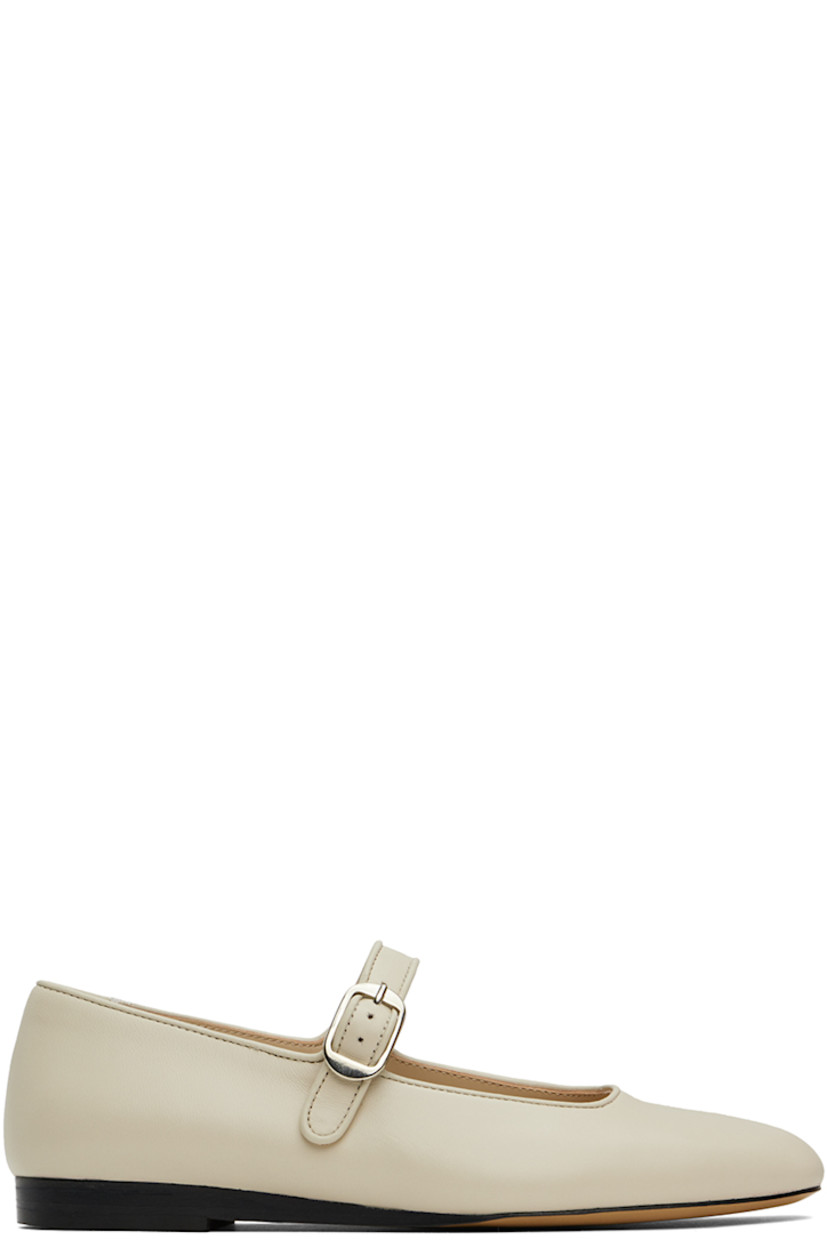 Buffed lambskin Mary Jane-style ballerina flats in off-white.

· Piping at pin-buckle strap and collar
· Logo embossed at cushioned calfskin footbed
· Suede and buffed calfskin lining
· Stacked leather heel with rubber injection
· Leather sole

Supplier color: Ecru