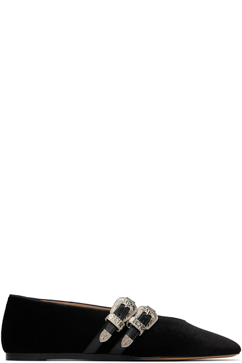 Handcrafted velvet ballerina flats in black.

· Square toe
· Engraved pin-buckle straps at vamp
· Logo embossed at padded calfskin footbed
· Leather sole with rubber injection

Supplier color: Black