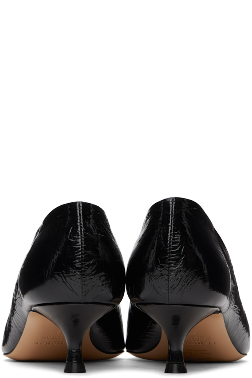 Handcrafted crinkled patent calfskin heels in black. 

· Pointed toe
· Logo embossed at padded calfskin footbed
· Covered kitten heel with rubber injection 
· Leather sole 
· Heel: H1.5"

Supplier color: Black naplack