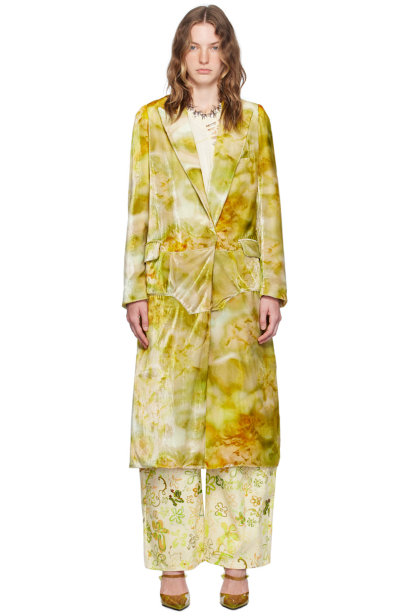 Nylon- and viscose-blend velvet coat. AI-generated graphic pattern printed throughout.

· Peaked lapel
· Concealed press-stud closure
· Flap pockets
· Trompe l'oeil graphic appliqué at front and back
· Central vent at back hem
· Welt pocket at interior
· Full satin lining

Supplier color: Sage molten floral