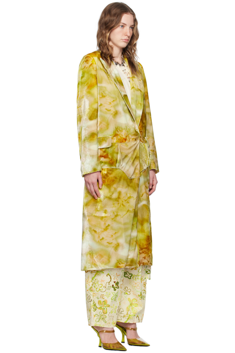 Nylon- and viscose-blend velvet coat. AI-generated graphic pattern printed throughout.

· Peaked lapel
· Concealed press-stud closure
· Flap pockets
· Trompe l'oeil graphic appliqué at front and back
· Central vent at back hem
· Welt pocket at interior
· Full satin lining

Supplier color: Sage molten floral