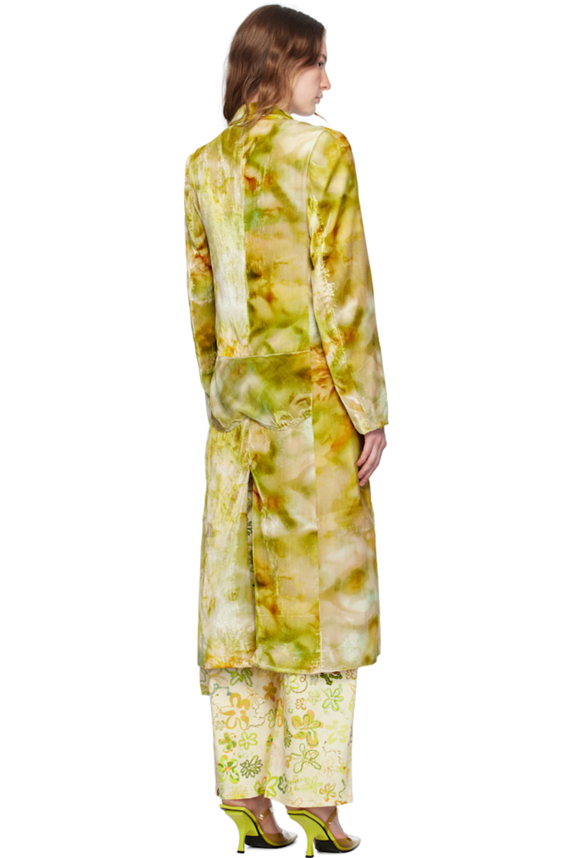 Nylon- and viscose-blend velvet coat. AI-generated graphic pattern printed throughout.

· Peaked lapel
· Concealed press-stud closure
· Flap pockets
· Trompe l'oeil graphic appliqué at front and back
· Central vent at back hem
· Welt pocket at interior
· Full satin lining

Supplier color: Sage molten floral
