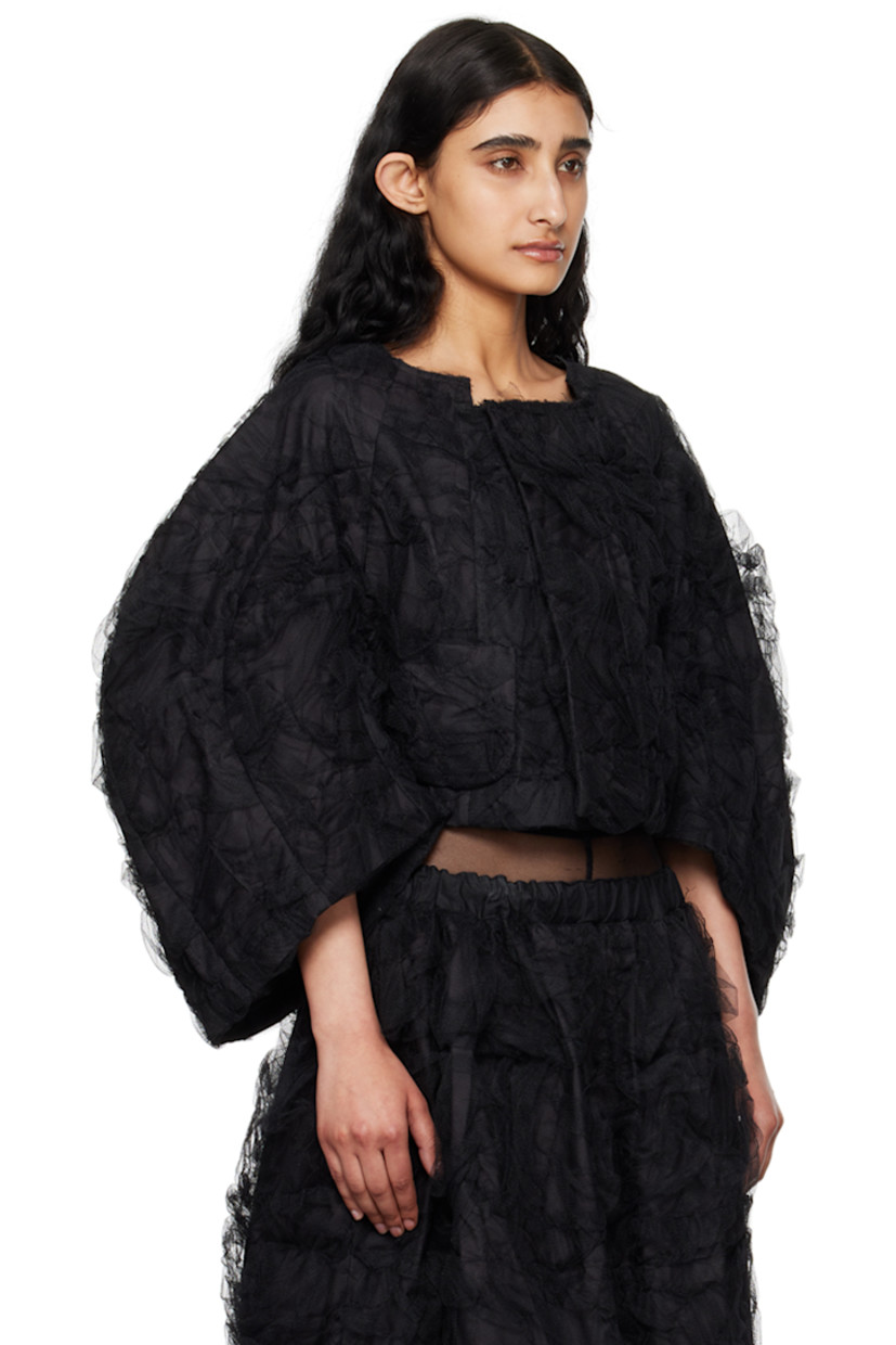 Nylon tulle and quilted plain-woven polyester- and cotton-blend jacket. Ruching and tucks throughout. 

· Hook-eye fastening at asymmetric round neck
· Patch pockets
· Cropped hem
· Raglan balloon sleeves

Supplier color: Black