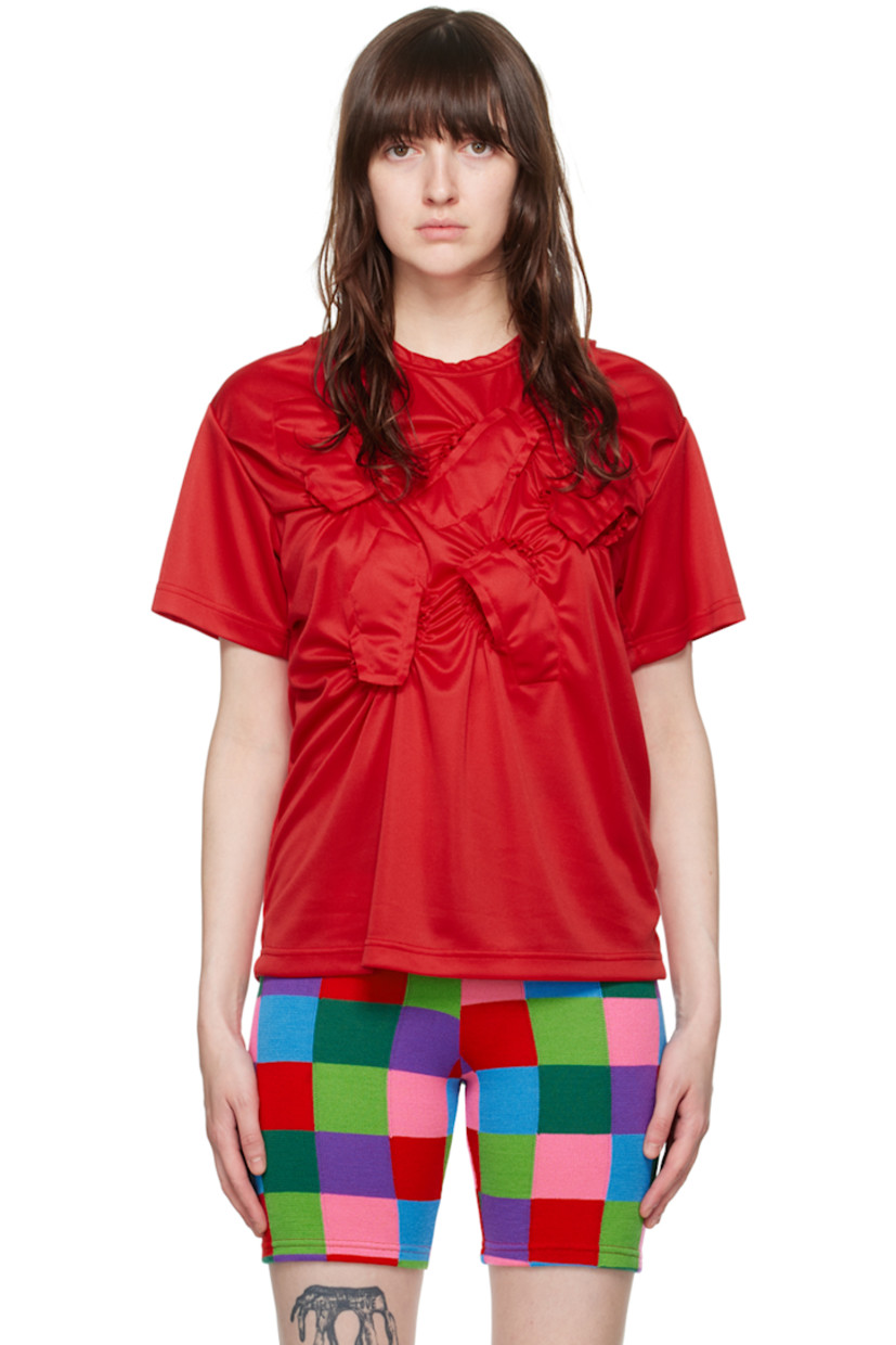 Polyester mesh T-shirt.

· Crewneck
· Ribbon detailing and gathering at front

Supplier color: Red