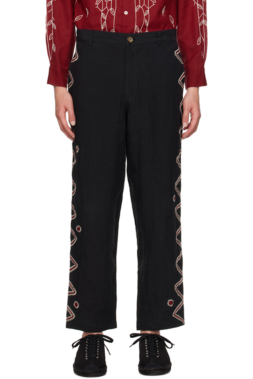 Hand-woven linen canvas trousers. 

· Belt loops
· Four-pocket styling
· Zip-fly
· Graphic pattern embroidered at outseams

Supplier color: Black