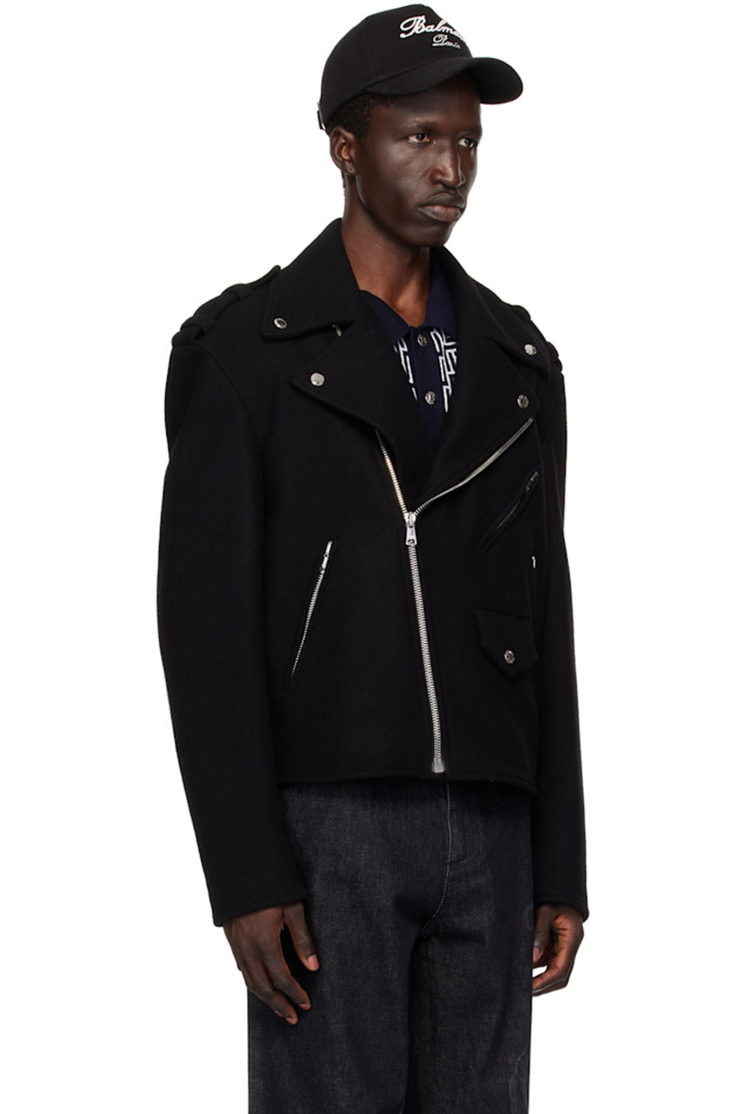 Felted virgin wool-blend melton jacket. 

· Press-studs at notched lapel
· Offset zip closure extends to collar
· Zip pockets
· Flap pocket
· Press-stud epaulets
· Zip vent at cuffs
· Welt pocket at interior
· Full satin lining
· Logo-engraved silver-tone hardware

Supplier color: Noir