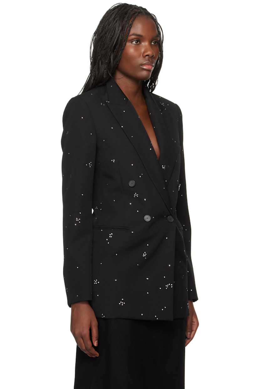 Virgin wool barathea blazer. Metallic threads throughout.

· Peaked lapel
· Double-breasted button closure
· Welt pockets
· Padded shoulders
· Vented cuffs
· Welt pocket at interior
· Full viscose twill lining
· Buffalo horn hardware

Supplier color: Black