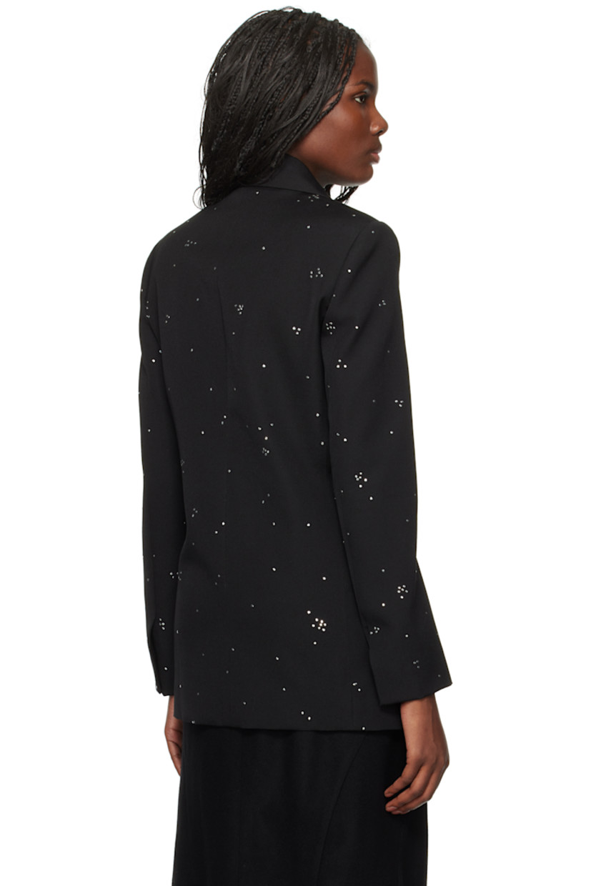 Virgin wool barathea blazer. Metallic threads throughout.

· Peaked lapel
· Double-breasted button closure
· Welt pockets
· Padded shoulders
· Vented cuffs
· Welt pocket at interior
· Full viscose twill lining
· Buffalo horn hardware

Supplier color: Black