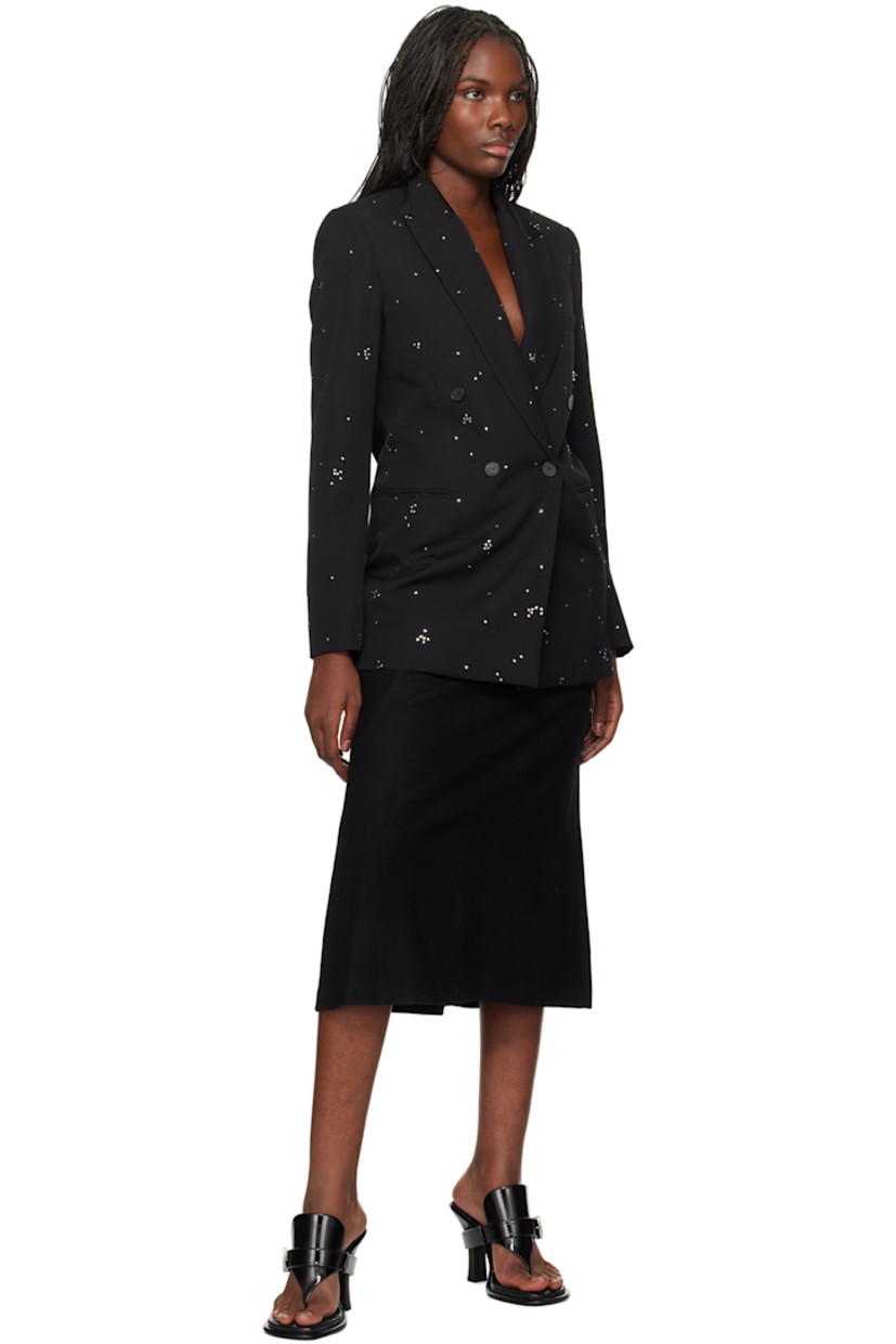 Virgin wool barathea blazer. Metallic threads throughout.

· Peaked lapel
· Double-breasted button closure
· Welt pockets
· Padded shoulders
· Vented cuffs
· Welt pocket at interior
· Full viscose twill lining
· Buffalo horn hardware

Supplier color: Black