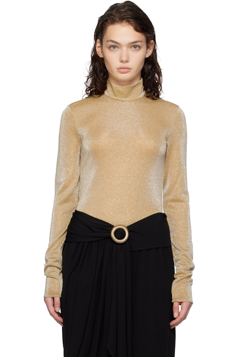 Nylon-blend jersey T-shirt. Metallic thread detailing throughout.

· Mock neck
· Concealed zip closure at back collar

Supplier color: Sand