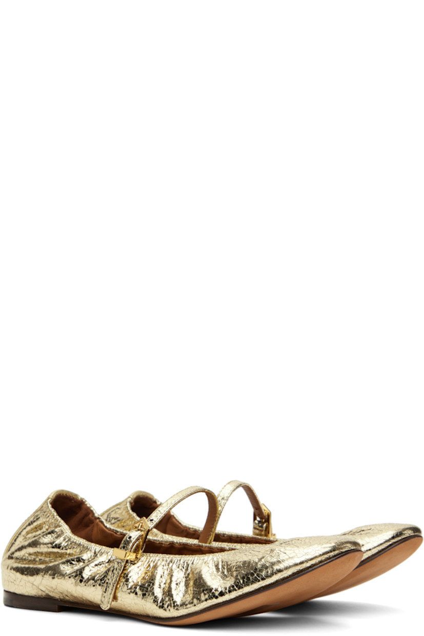 Cracked calfskin Mary Jane-style ballerina flats in gold tone.

· Pin-buckle strap at vamp
· Logo printed at heel
· Buffed goatskin lining
· Leather sole with rubber injection

Supplier color: Gold