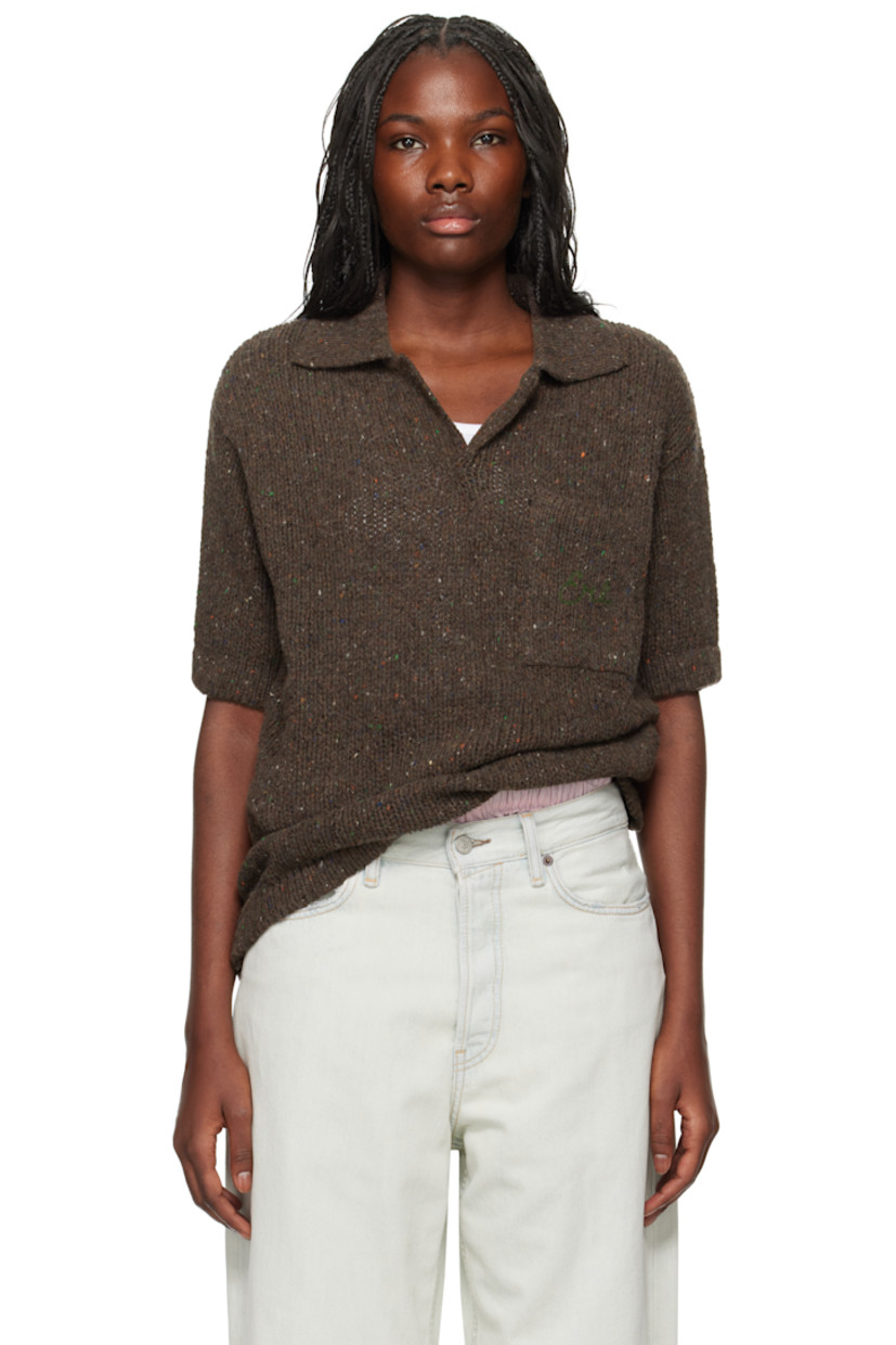 Knit wool-blend polo. 

· Rib-knit spread collar, hem, and cuffs
· Open placket
· Patch pocket at chest 
· Dropped shoulders

Supplier color: Dark brown