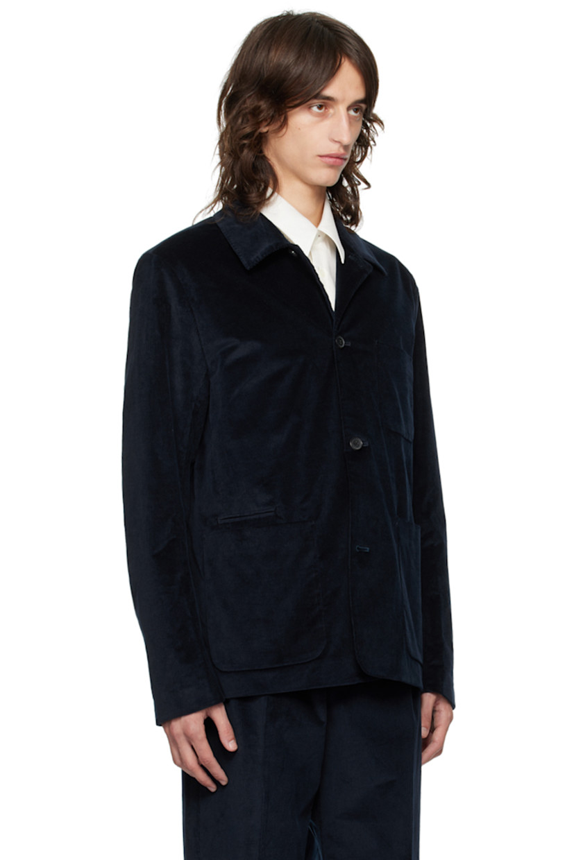Stretch cotton- and wool-blend corduroy blazer. 

· Spread collar
· Button closure
· Patch pockets 
· Welt pockets at interior
· Full viscose satin lining

Supplier color: Blues