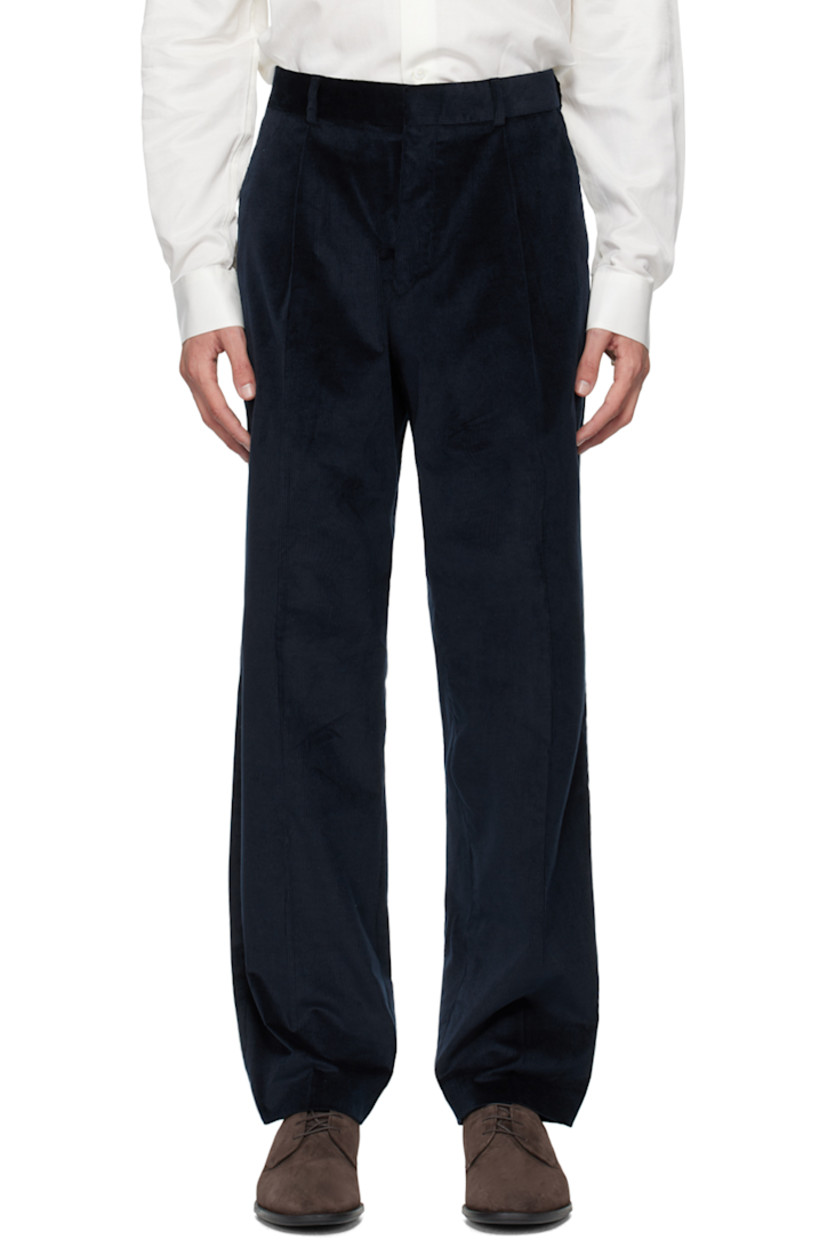 Stretch cotton- and wool-blend corduroy trousers. 

· Belt loops
· Four-pocket styling 
· Zip-fly
· Central creases at front and back
· Partial viscose satin lining

Supplier color: Blues