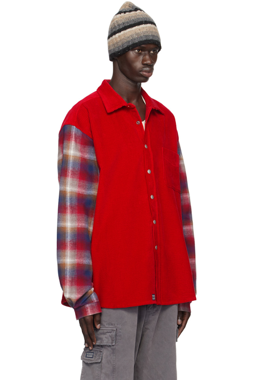 Cotton corduroy and cotton flannel overshirt. 

· Paneled construction
· Spread collar
· Press-stud closure
· Patch pocket
· Logo patch at front
· Shirttail hem
· Dropped shoulders
· Plaid pattern at sleeves
· Pleats at single-press-stud barrel cuffs
· Box pleat at back yoke
· Logo-engraved silver-tone hardware

Supplier color: Red