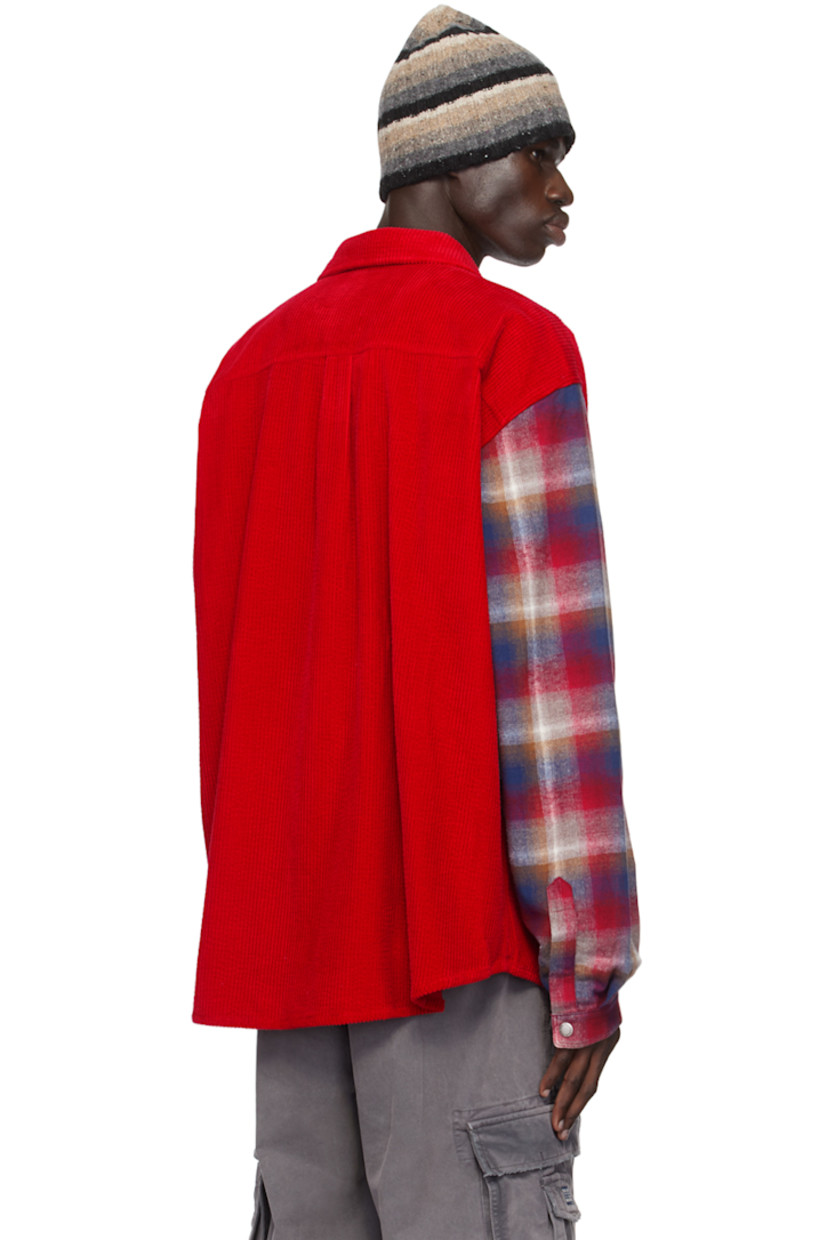 Cotton corduroy and cotton flannel overshirt. 

· Paneled construction
· Spread collar
· Press-stud closure
· Patch pocket
· Logo patch at front
· Shirttail hem
· Dropped shoulders
· Plaid pattern at sleeves
· Pleats at single-press-stud barrel cuffs
· Box pleat at back yoke
· Logo-engraved silver-tone hardware

Supplier color: Red